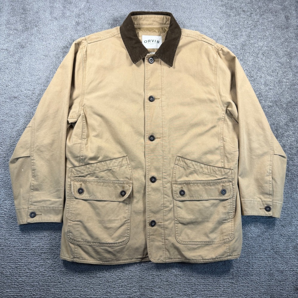 Orvis Men XL Tan Canvas Field Coat Corduroy Collar Quilted Lining Hunting Jacket